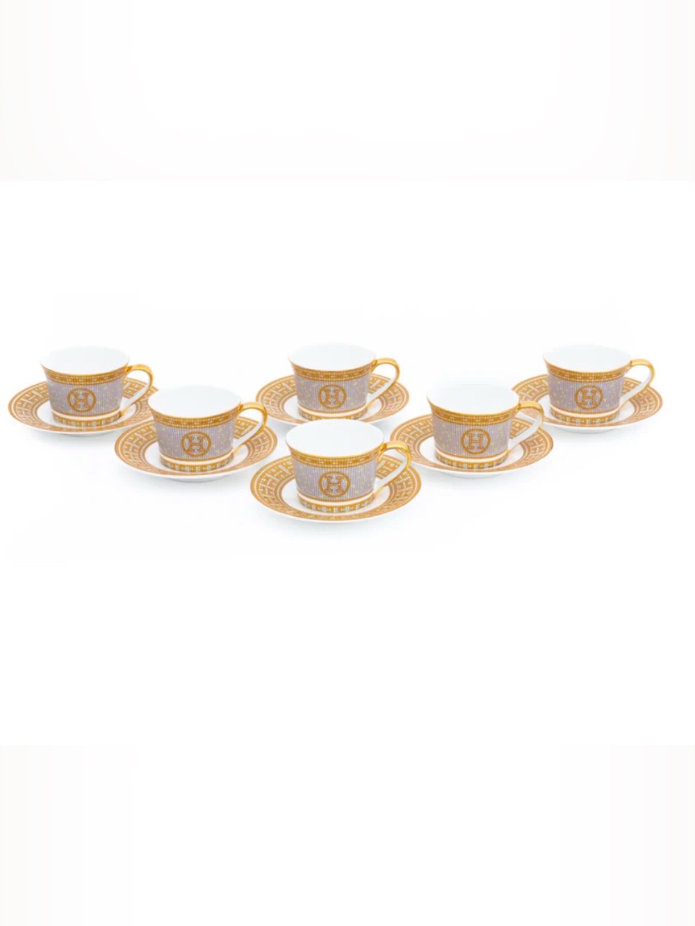 Royalty Porcelain  Designer 6 set Tea Cup and Saucer. 24k Gold leaf mosaic